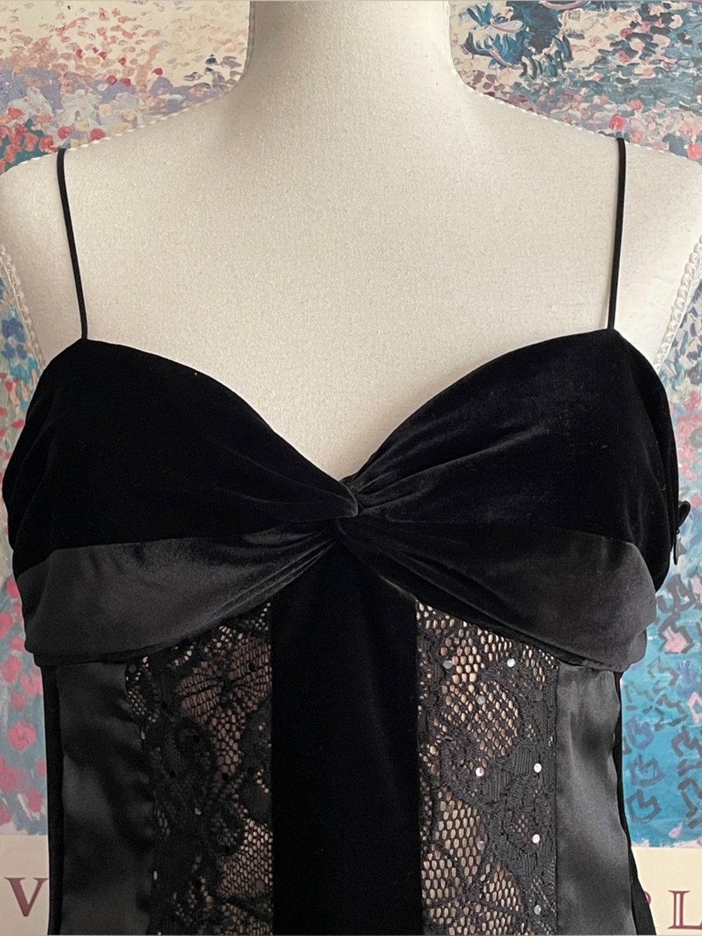 Vintage Caché Bustier Top L Black Velvet Lace Burnout Whimsigoth Vamp 90s Y2K - Picture 7 of 12